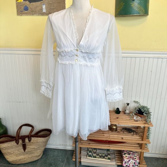 Gotham Jr. Vintage Nylon Sleep Gown White Florals Lace sz 7 - Picture 1 of 10